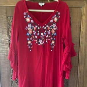 Umgee Boho Floral Embroidered Tunic Dress flowy sleeve Women's Size Large